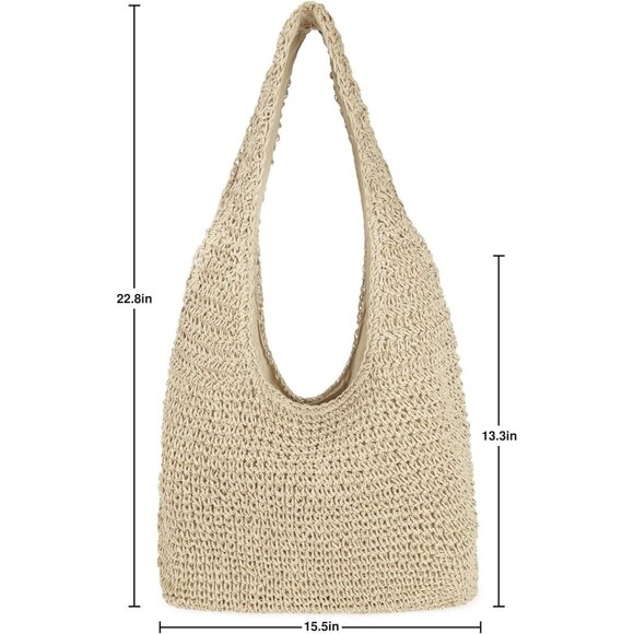 Women's Beige Large Straw Beach Bag Handmade Woven Shoulder Hobo Tote Handbag - Picture 5 of 6